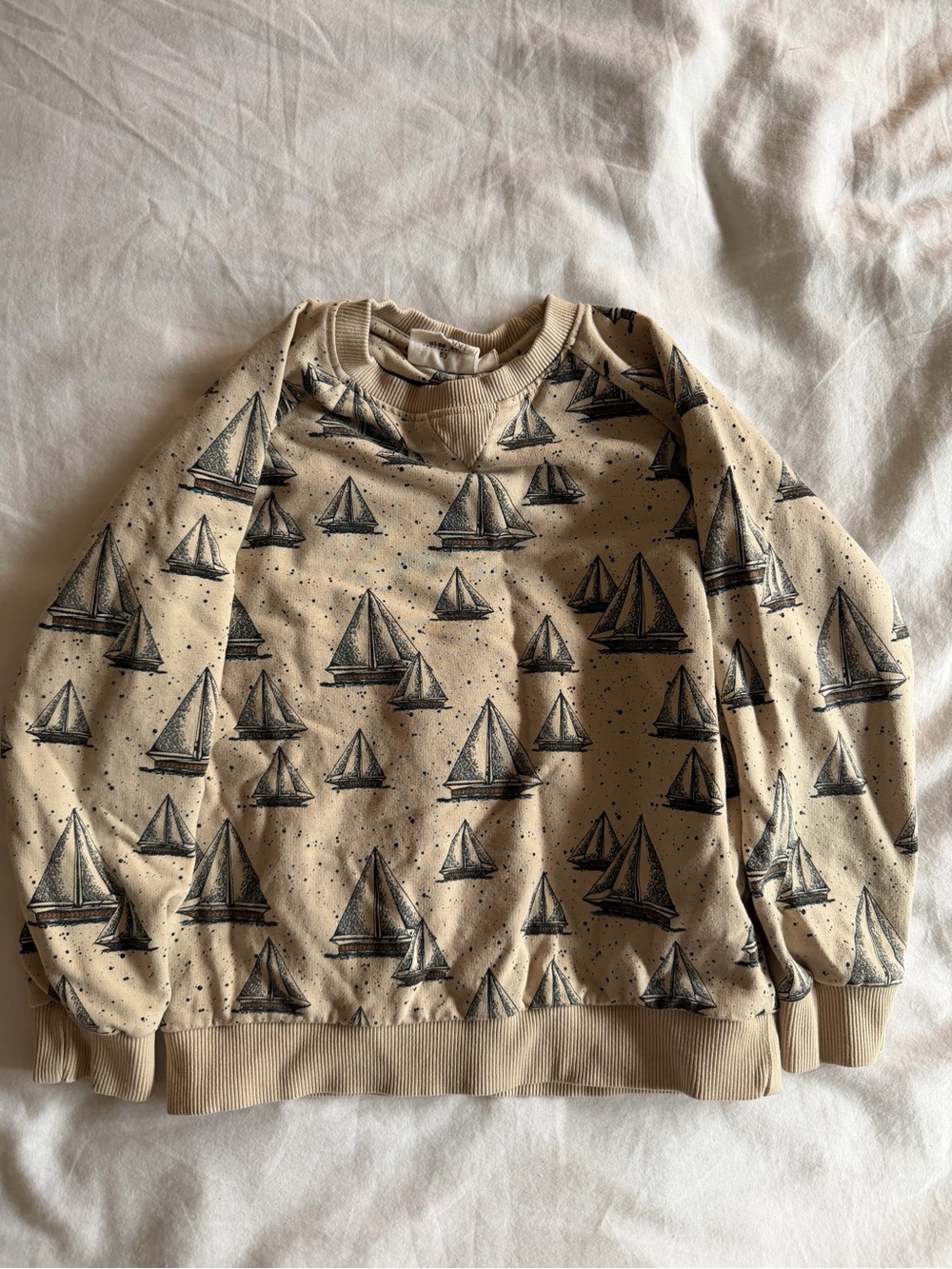 Beige Sailboat Print Crewneck Sweater for Kids
